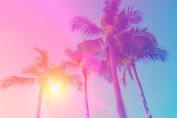 This retro-inspired photograph captures the essence of the '80s with its vibrant palm trees set against a dreamy sky backdrop. The pastel colors and soft focus add to the nostalgic charm