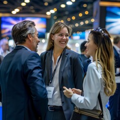 individuals in business casual attire as they laugh and chat together at an exhibition booth after the fair concludes captures the genuine connection and happiness shared among friends.