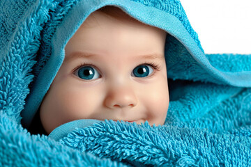 Portrait of newborn cute blue-eyed baby wrapped in a blue towel on a white background
