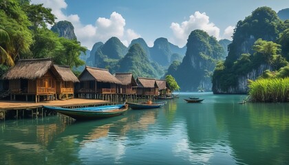 Fototapeta premium A Moment of Peace: Serene Lakeside Huts and Boats Offer a Tranquil Retreat
