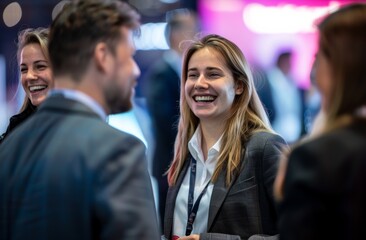 individuals in business casual attire as they laugh and chat together at an exhibition booth after the fair concludes captures the genuine connection and happiness shared among friends.