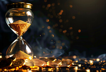Hourglass and gold coins on dark background. Time is money concept.