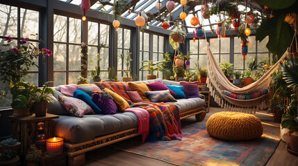 A vibrant Bohemian-style living room illuminated by twinkling fairy lights, featuring bold colors, a mix of patterned throw pillows, a vintage Moroccan rug, and an array of indoor plants.