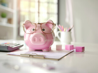Pink piggy bank with eyeglasses, calculator and office supplies on table in room, closeup, financial analytics, budget, savings, savings, mortgage