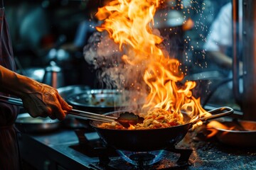 A chef is cooking food in a pan with a lot of fire.