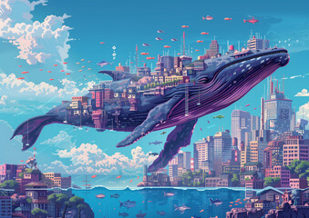 An axonometric lofi scene of Whale and city on blue sky pixel art