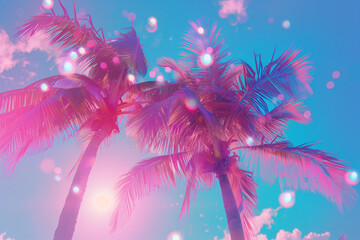 This retro-style photograph captures the timeless allure of palm trees set against a vivid backdrop...