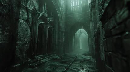 Naklejka premium Transform a gothic noir scene into a mesmerizing digital 3D render, focusing on detailed textures of weathered stone buildings, ominous shadows, and haunting silhouettes, enhancing the eerie atmospher