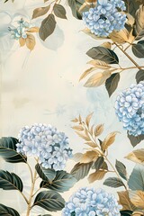 Elegant floral wallpaper with blue hydrangeas and golden leaves