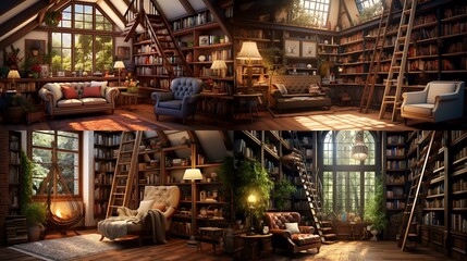 A charming home library with floor-to-ceiling bookshelves, a cozy reading chair, and a ladder