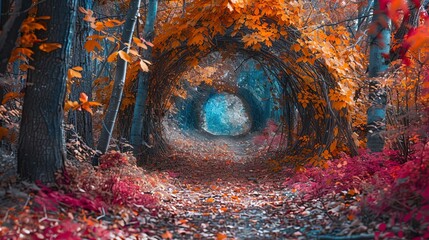 Visualize a forest trail disappearing into a tunnel of vibrant autumn leaves, creating a captivating blend of colors and textures in a slit-scan photograph that evokes a sense of enchantment and wonde