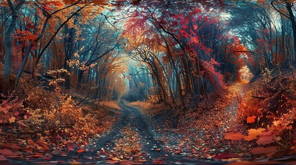 Visualize a forest trail disappearing into a tunnel of vibrant autumn leaves, creating a captivating blend of colors and textures in a slit-scan photograph that evokes a sense of enchantment and wonde