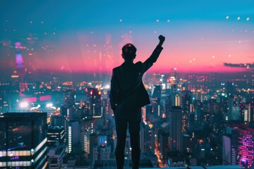 Fototapeta premium A man is standing on a rooftop in a city, holding his arms up in the air. The city skyline is visible in the background, and the sky is a mix of blue and purple