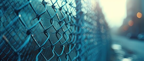 Close-up of chain link fence with blurred background.