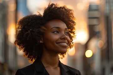 Obraz premium Confident beautiful black woman smiling on a city street at sunset with skyscrapers in the background.