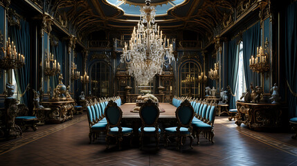 Baroque style grand dining room with a long table, ornate chairs, and dramatic chandeliers,