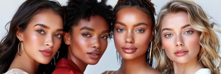 Obraz premium Four beautiful women with different skin tones wearing makeup.