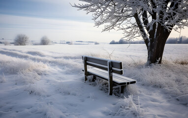 An empty bench stands alone in a snowy field.