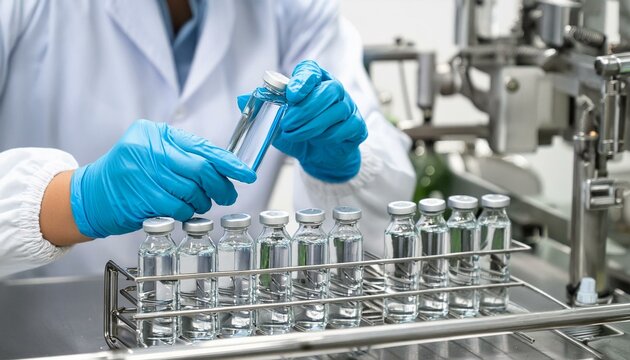 製薬工場の製造ラインで医療用バイアルをチェックするスタッフの手。ヘルスケアとメディカルのコンセプト