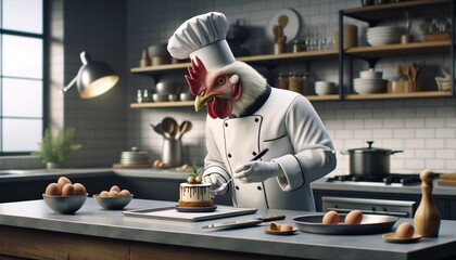 A chicken wearing a chef's hat and apron is decorating a cake in a kitchen.