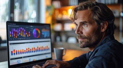 A business professional in an office setting, using the platform on their laptop to create data visualizations and graphs with live analytics.