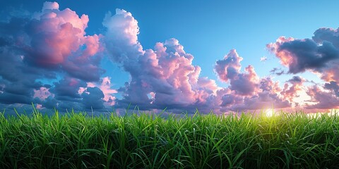 Green grass under a pastel sky decorated with delicate pink clouds. Aesthetic calm landscape. Generative AI