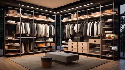 A chic walk-in closet with custom shelving, drawers, and plenty of hanging space