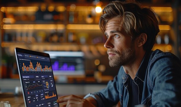 A business professional in an office setting, using the platform on their laptop to create data visualizations and graphs with live analytics.