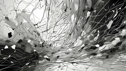An abstract black and white artwork featuring dynamic lines and forms that give a sense of movement and chaos