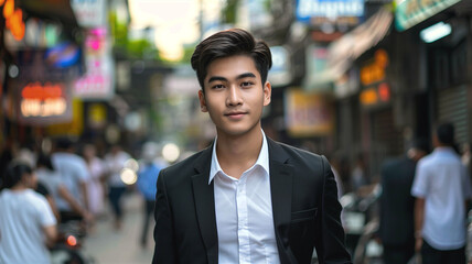 Portrait of asian handsome and smart businessman with people on background