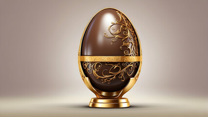 A traditional chocolate Easter egg adorned with a gold ornamental band, representing timeless elegance