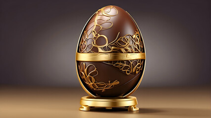 A luxurious decorative chocolate Easter egg with intricate golden floral patterns enhancing its elegance