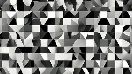 A monochromatic image featuring a distorted checker pattern with abstract shapes and shades