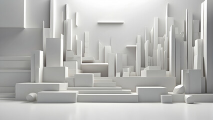 An abstract all-white 3D representation of an urban landscape with minimalist architectural forms
