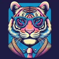 Tiger in Trendy Glasses - Pastel Synthwave Vector Illustration for T-Shirt Design. Generative AI