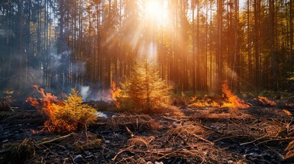 Visual contrast between vibrant, healthy forest life and the controlled combustion of biomass for renewable energy production