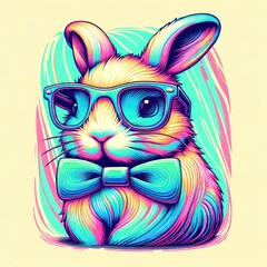 Pastel Play: Whimsical Rabbit in Glasses - Trendy Synthwave Post-Impressionism Vector Art for T-Shirt Design. Generative AI