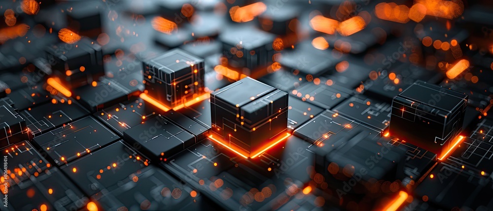 Poster the image shows a close-up of a circuit board with glowing orange lines running through it. the back