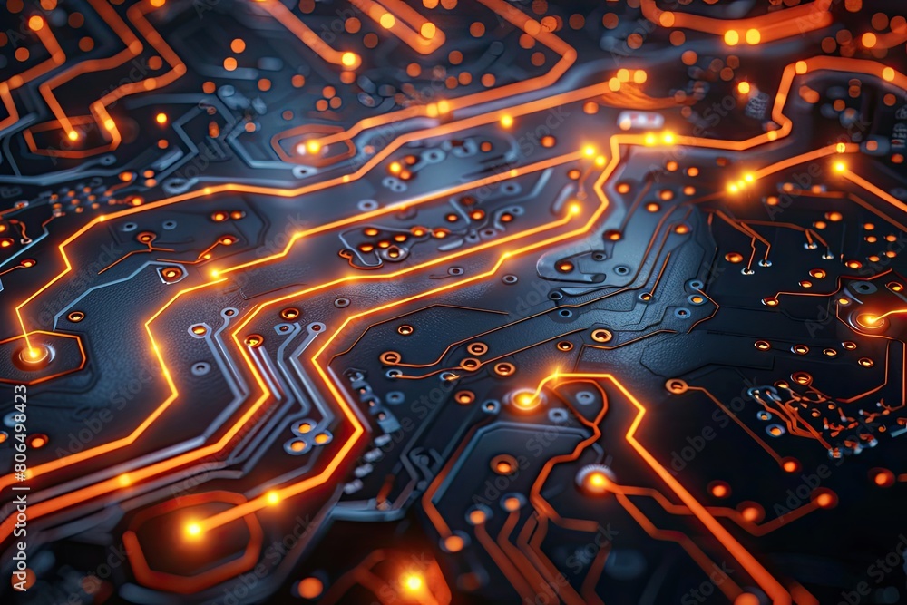 Poster the image shows a close-up of a computer circuit board with orange glowing lines.