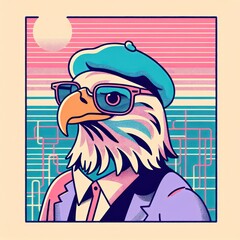 Retro Raptor: A Whimsical Eagle in Pastel Shades - Trendy Synthwave Vector Art for T-Shirt Design. Generative AI