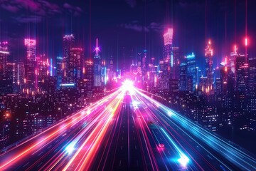 The image shows a futuristic city at night with a glowing purple and blue highway running through it.