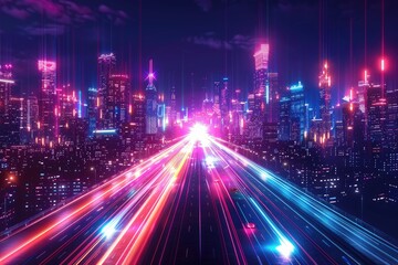 Obraz premium The image shows a futuristic city at night with a glowing purple and blue highway running through it.