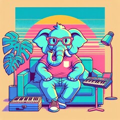Synthwave Spectacle: A Playful Post-Impressionist Elephant in Pastel Glasses - Trendy Vector T-Shirt Design. Generative AI