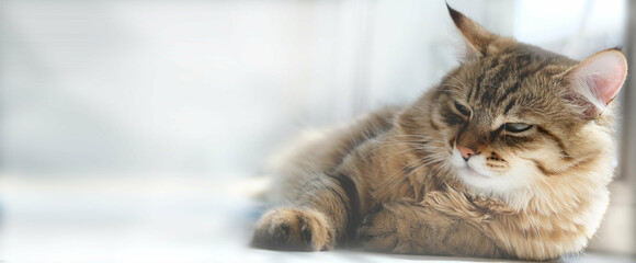 Banner with copy space.   Close-up portrait of cute, furry cat. Tabby cat relaxing on the bed....