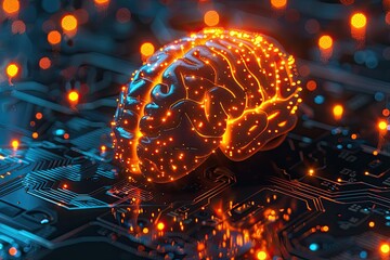 The image shows a glowing brain on a circuit board. The brain is made of orange and yellow lights, and the circuit board is blue. The image is set against a black background.