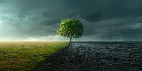 The image shows a tree that is half green and half dead