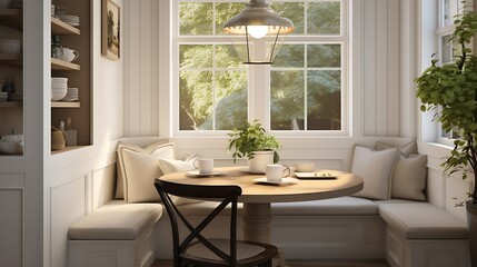 A cozy breakfast nook with a built-in banquette, round table, and pendant lighting