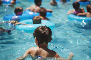 Obraz premium Summer Pool. Children enjoying pool party with inflatable tubes