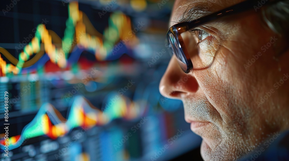 Poster stock trading: trader monitoring stock prices and market fluctuations on a computer screen.