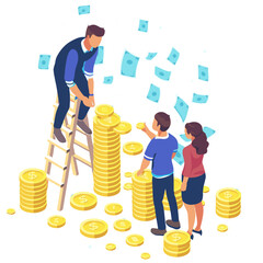 group of people is depicted amidst a wealth of coins and floating bills